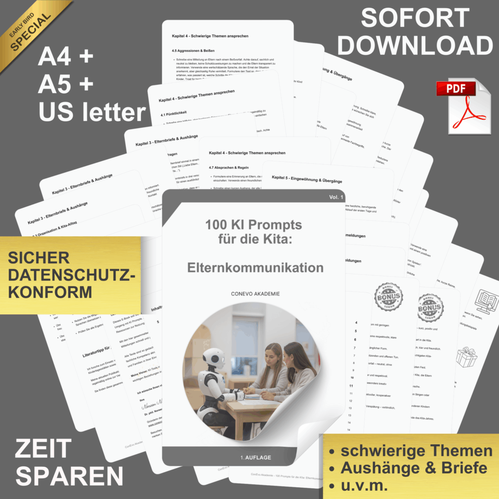 Illustration zum Blogartikel: So nutzen Sie 100 KI Prompts für die Kita – Elternbriefe, Aushänge und schwierige Themen professionell und schnell mit KI gestalten.